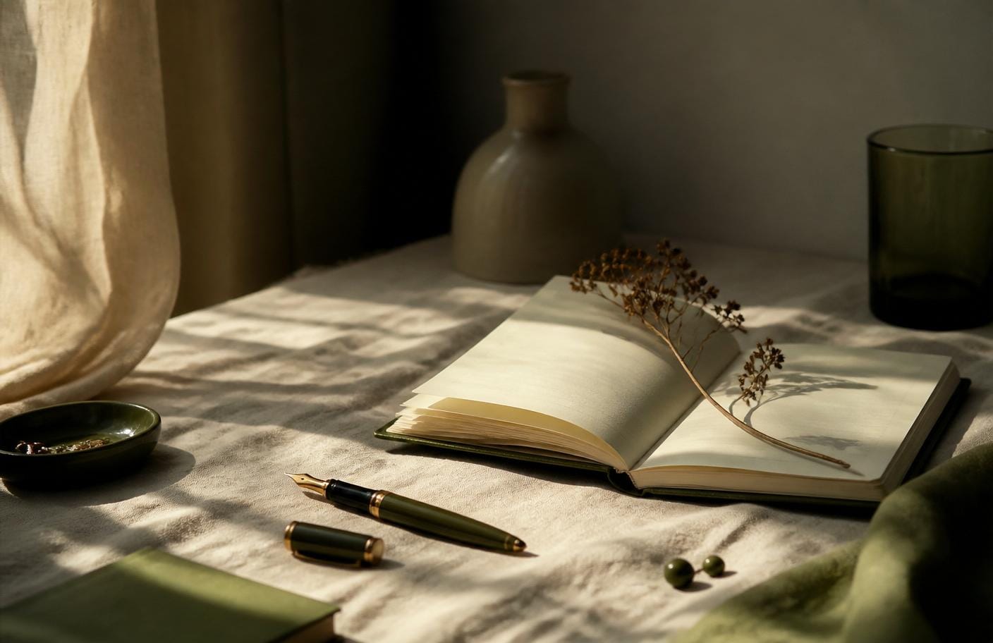 Mesa de trabalho com caderno aberto e caneta