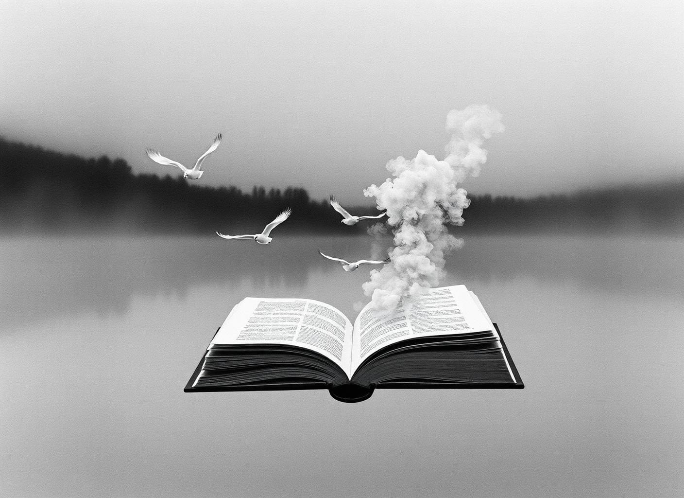 Livro aberto sobre lago com pássaros e névoa